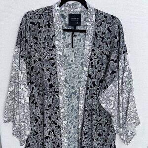 Cotton On Long Kimono Duster M/L Black White Floral Print Open Front Oversized